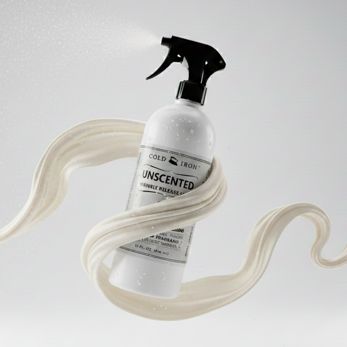 Spray bottle labeled 'Unscented' with a stream of liquid on a light gray background